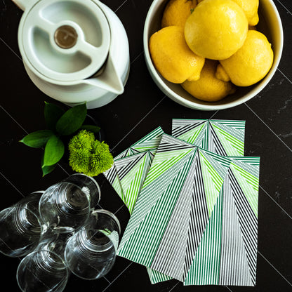 Green, black and white guest towel napkin with striped pattern