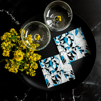 Teal, black and gray cocktail napkin with floral/leaf pattern