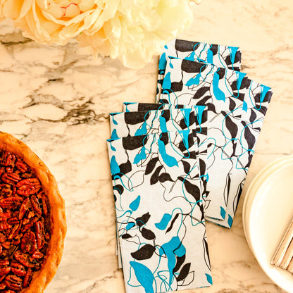 Teal, black and gray guest towel napkin with floral/leaf pattern