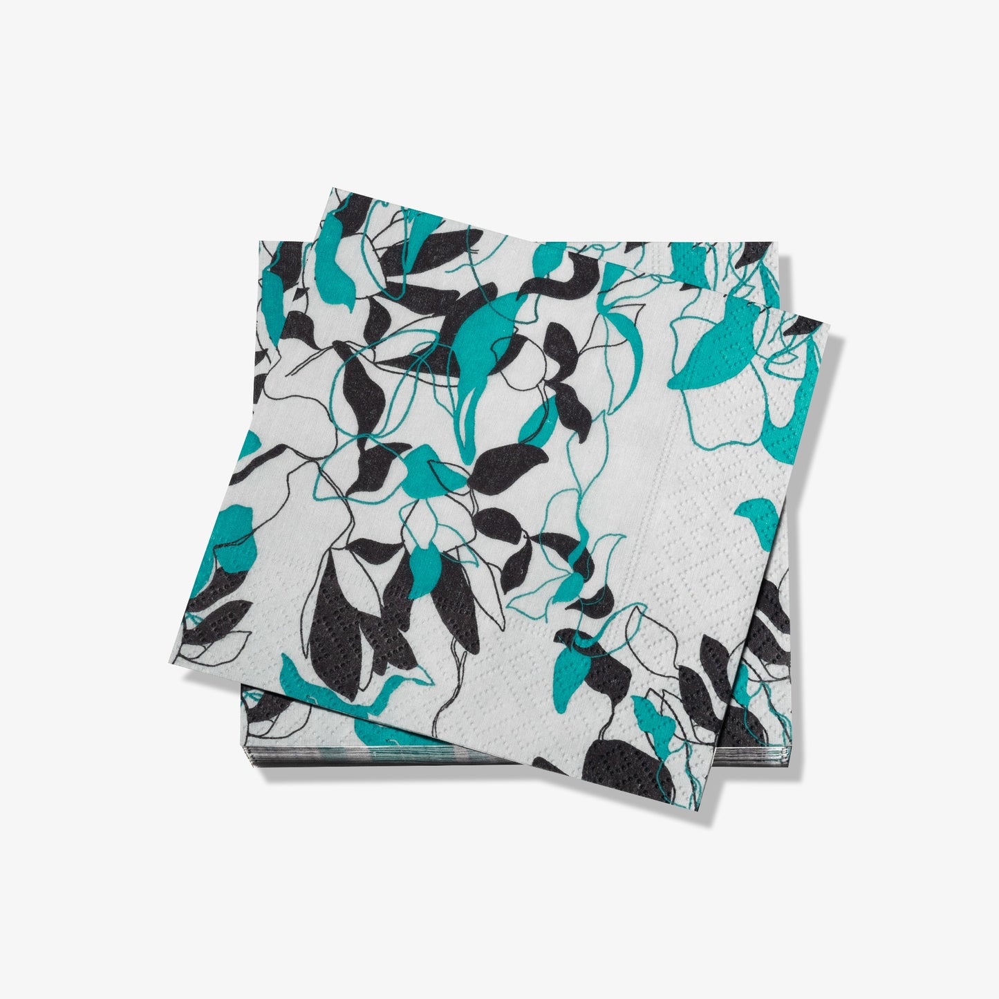 Teal, black and gray cocktail napkin with floral/leaf pattern
