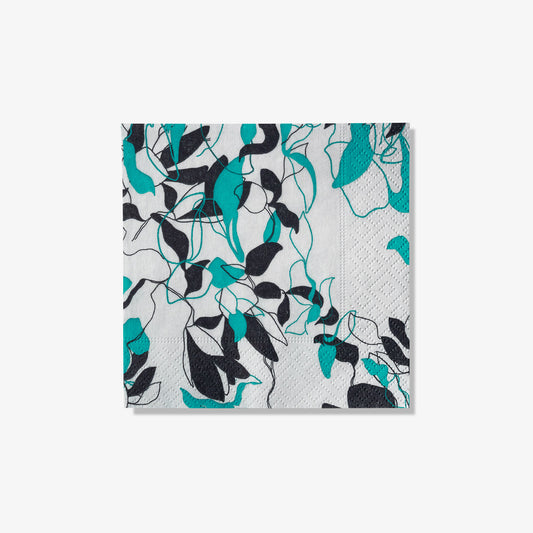 Teal, black and gray cocktail napkin with floral/leaf pattern 