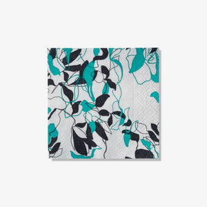 Teal, black and gray cocktail napkin with floral/leaf pattern 