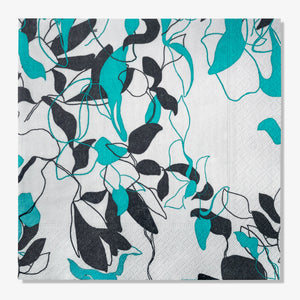 Teal, black and gray dinner napkin with floral/leaf pattern