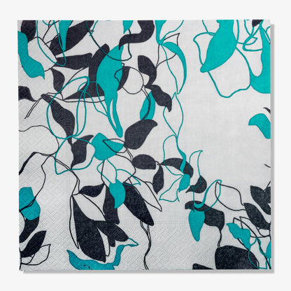 Teal, black and gray dinner napkin with floral/leaf pattern