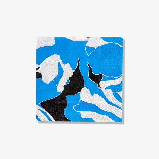 Blue, gray, white and black cocktail napkin with floral pattern