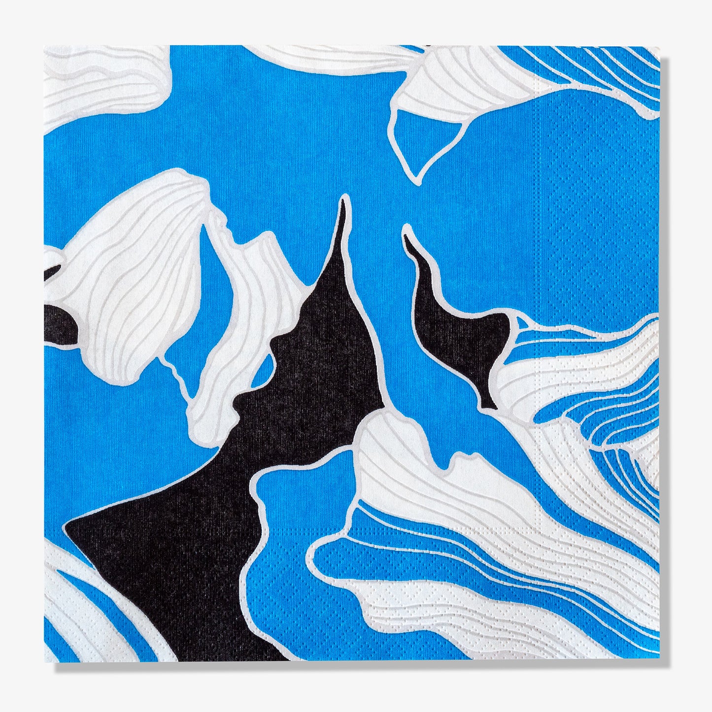 Blue, gray, white and black dinner napkin with floral pattern