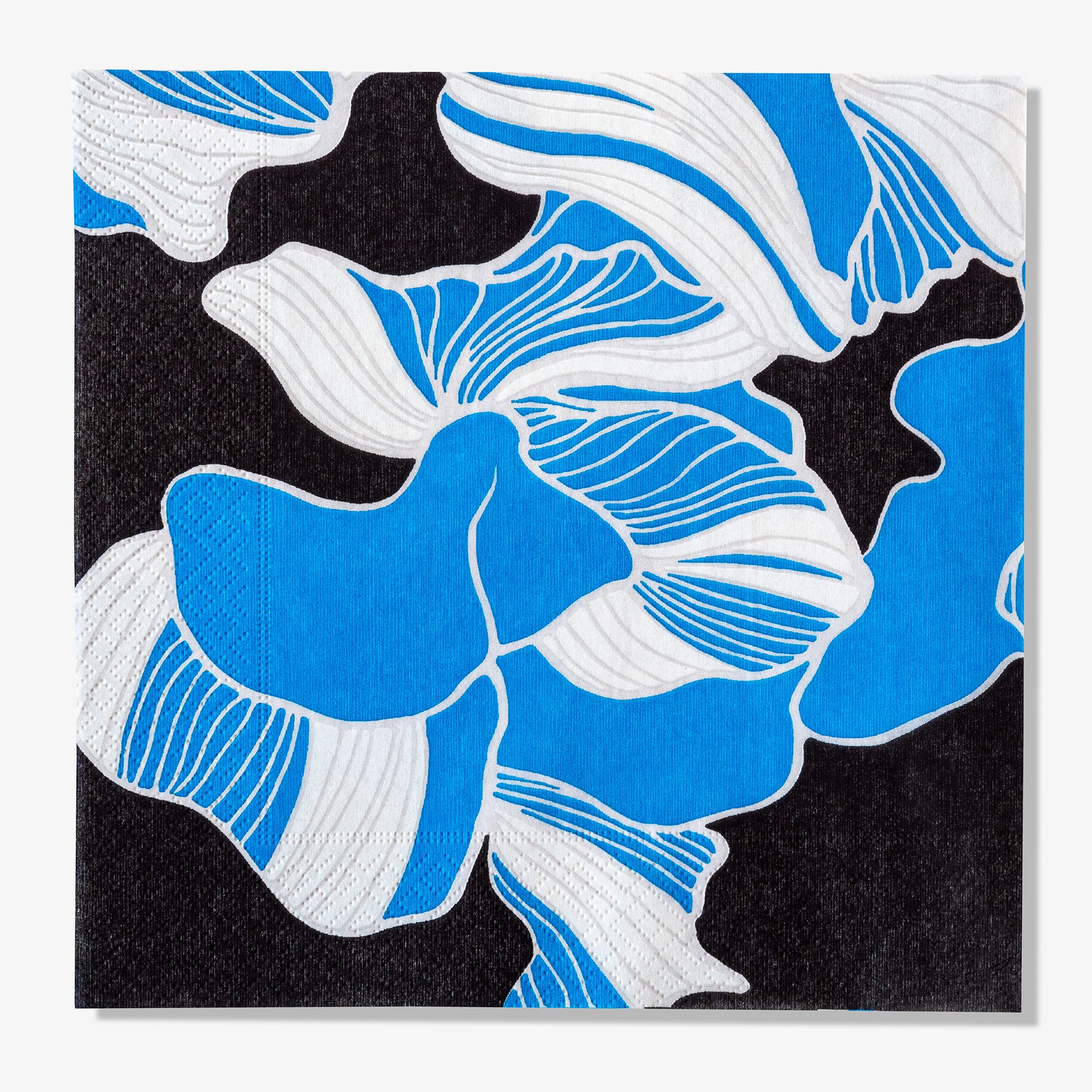 Blue, gray, white and black dinner napkin with floral pattern