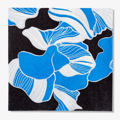 Blue, gray, white and black dinner napkin with floral pattern