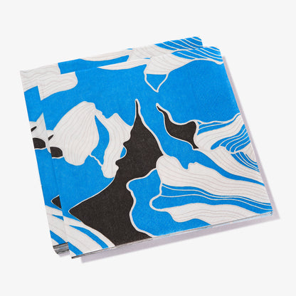 Blue, gray, white and black dinner napkin with floral pattern