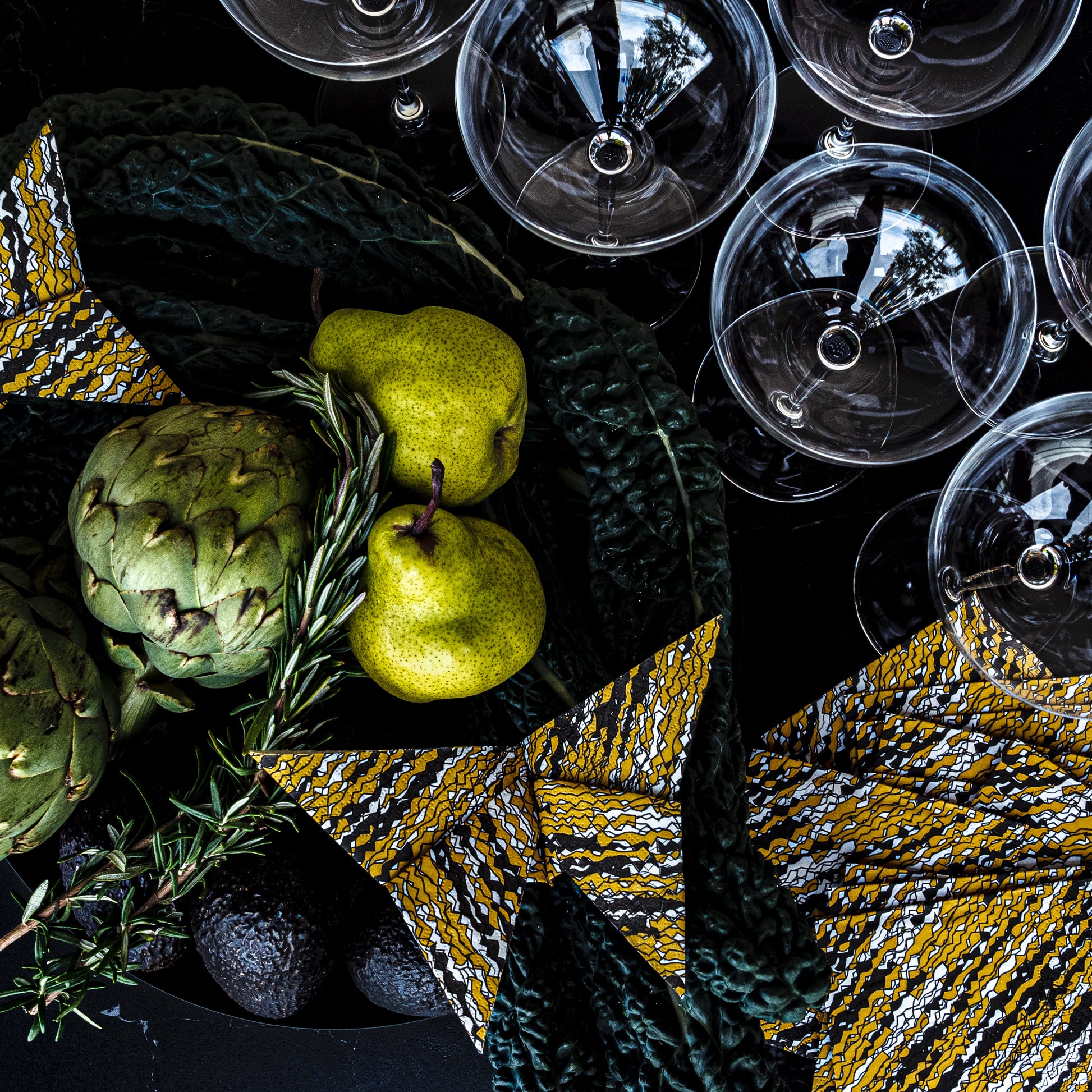 Gold, black and white cocktail napkin with abstract pattern