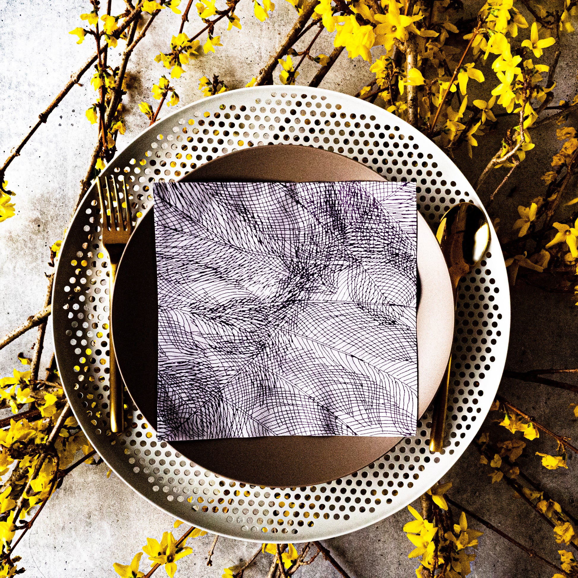 Gray and purple dinner napkin with abstract pattern